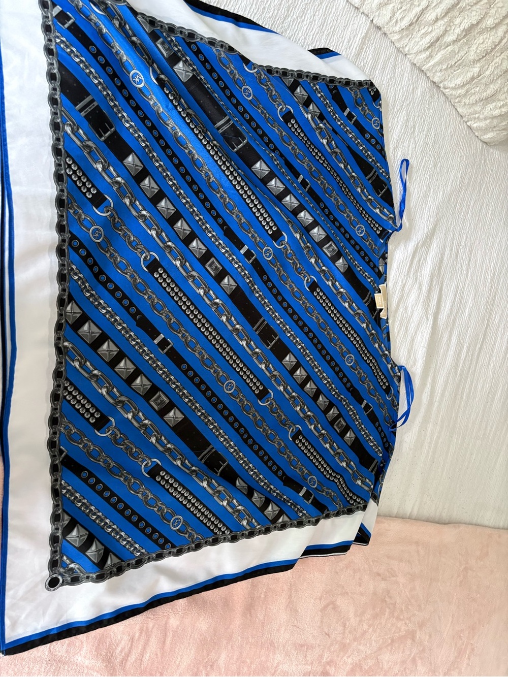 Michael Kors Blue Black White Chain Print Silk Top